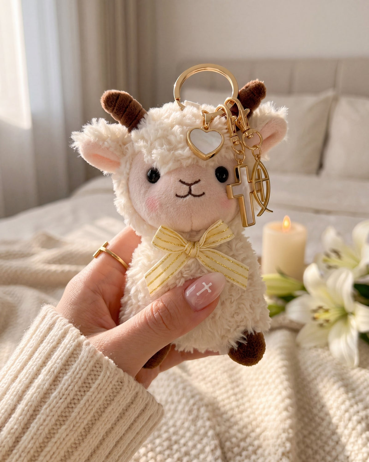Close-up of the soft curly plush lamb charm with its yellow striped bow